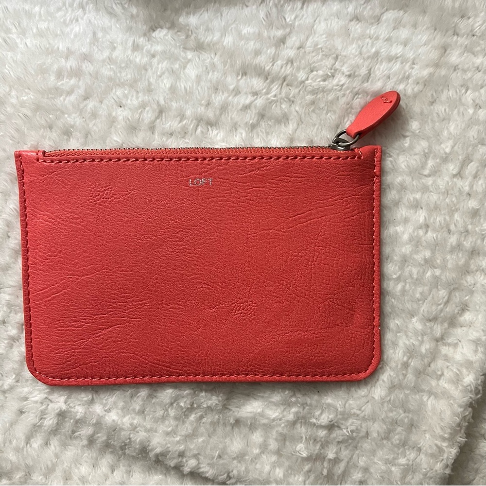 LOFT “LOVE” Coral Leather Zip Up Pouch Travel ID Organizer Wallet Casual